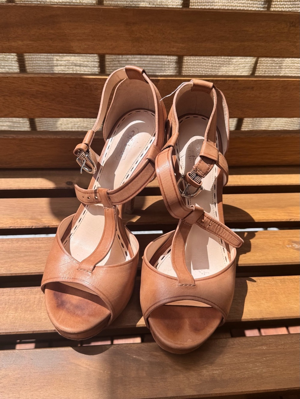Coach Tan Leather T-Strap Platform Sandals